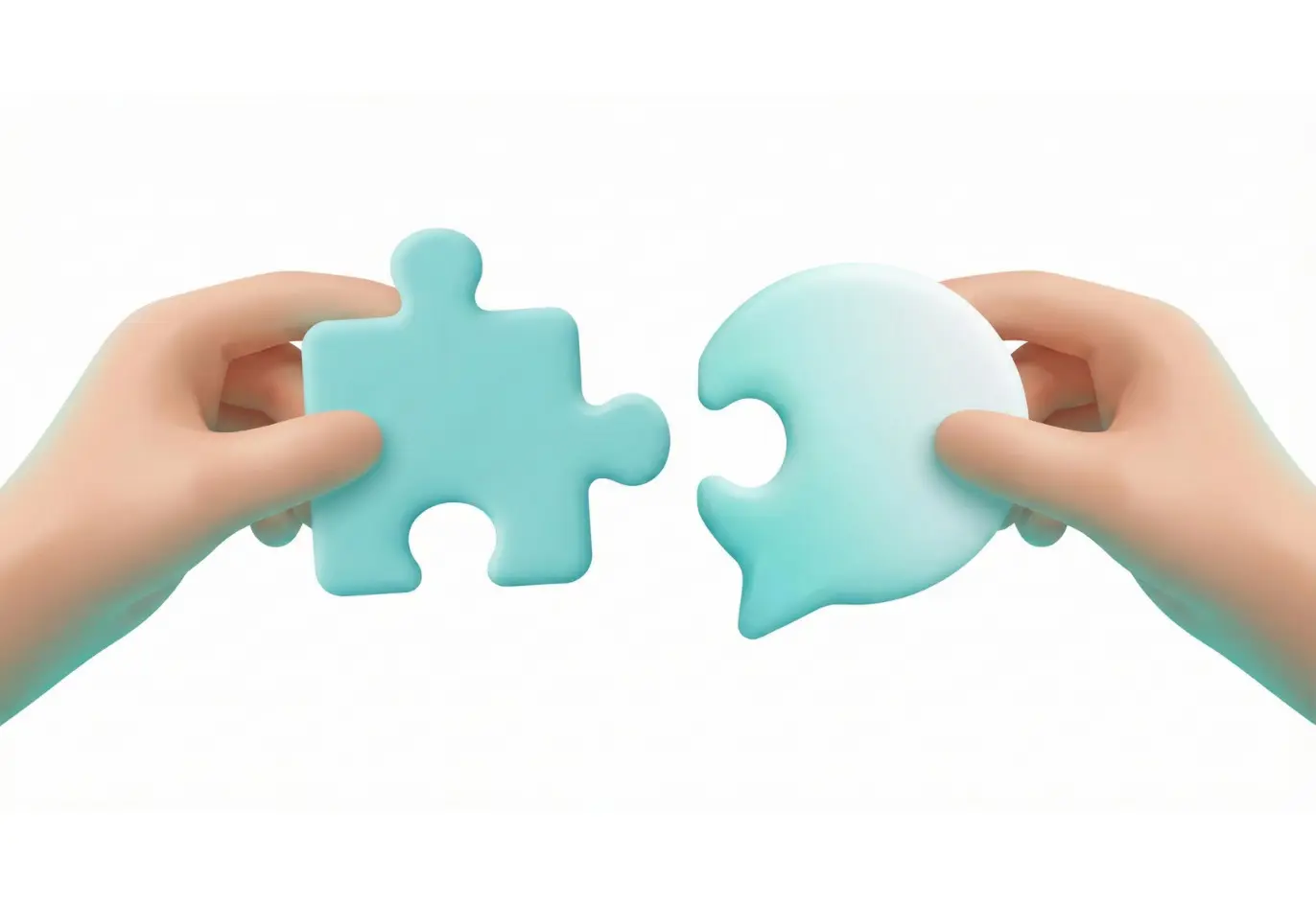 Hands connecting a puzzle piece with a chat bubble, symbolizing AI chatbots and seamless customer conversations