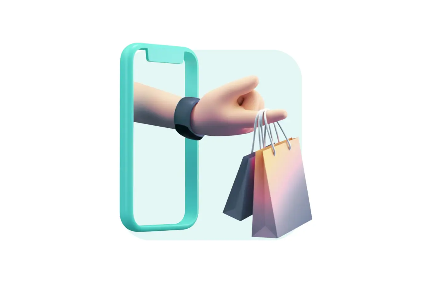 A hand reaching from a smartphone holding shopping bags, representing AI-driven mobile e-commerce