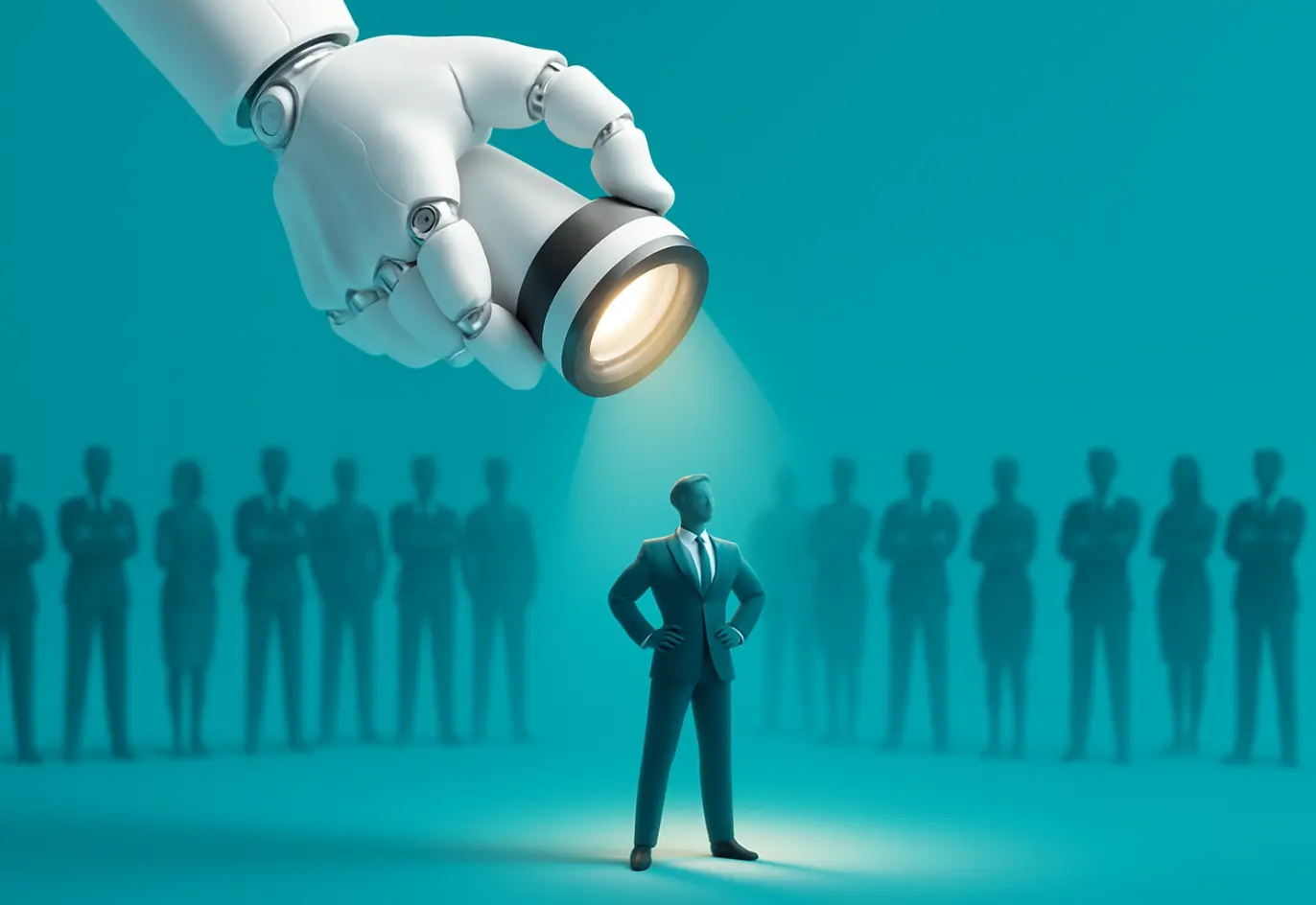 Illustration of a robotic hand shining a spotlight on a confident professional among a crowd, symbolizing human and AI collaboration