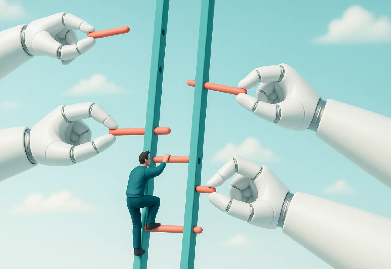Illustration of a man climbing a ladder while robotic hands hold the steps, symbolizing AI supporting human growth and creative progress